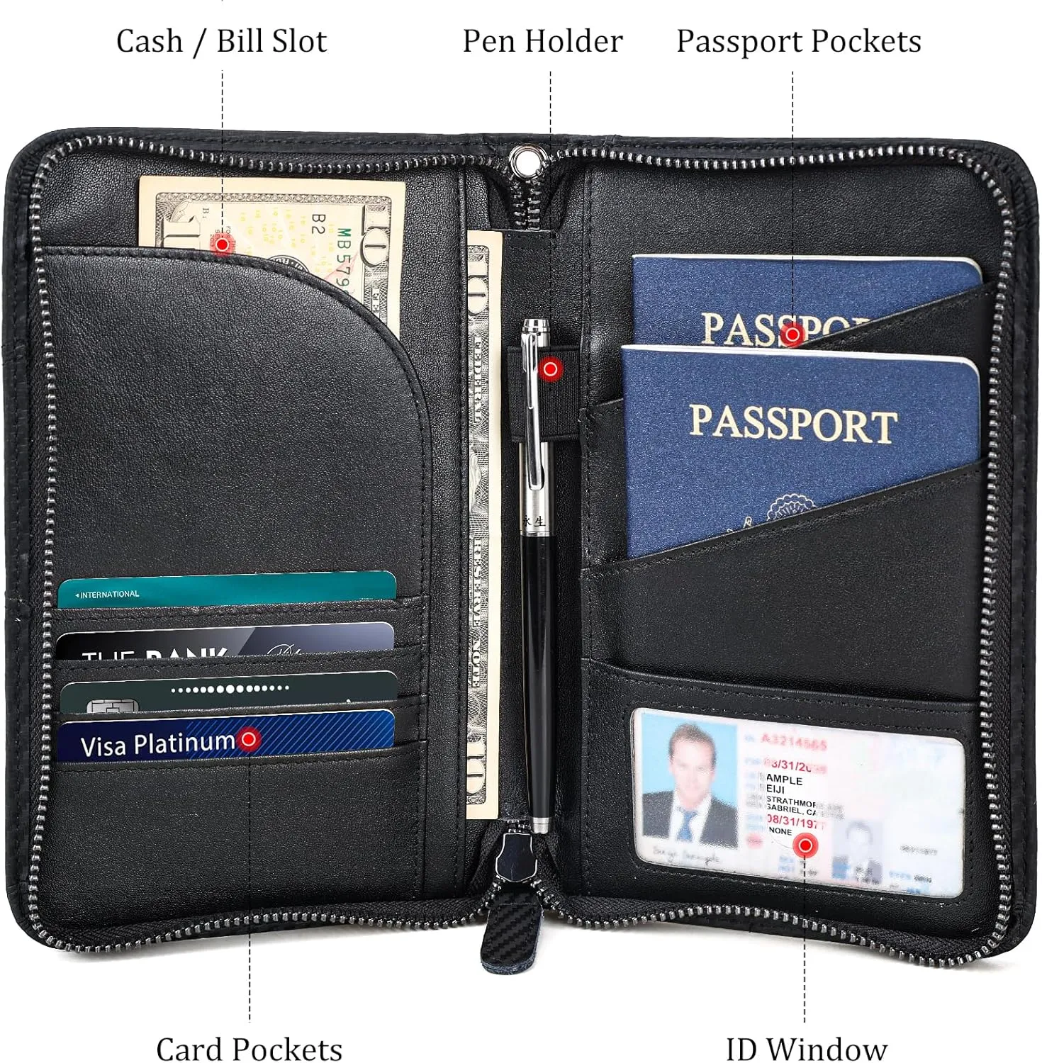 Polare Full Grain Leather Passport Holder With YKK Zipper RFID Blocking Travel Document Organizer Ticket Holder Cover Case Holds 2 Passports (Carbon Black)
