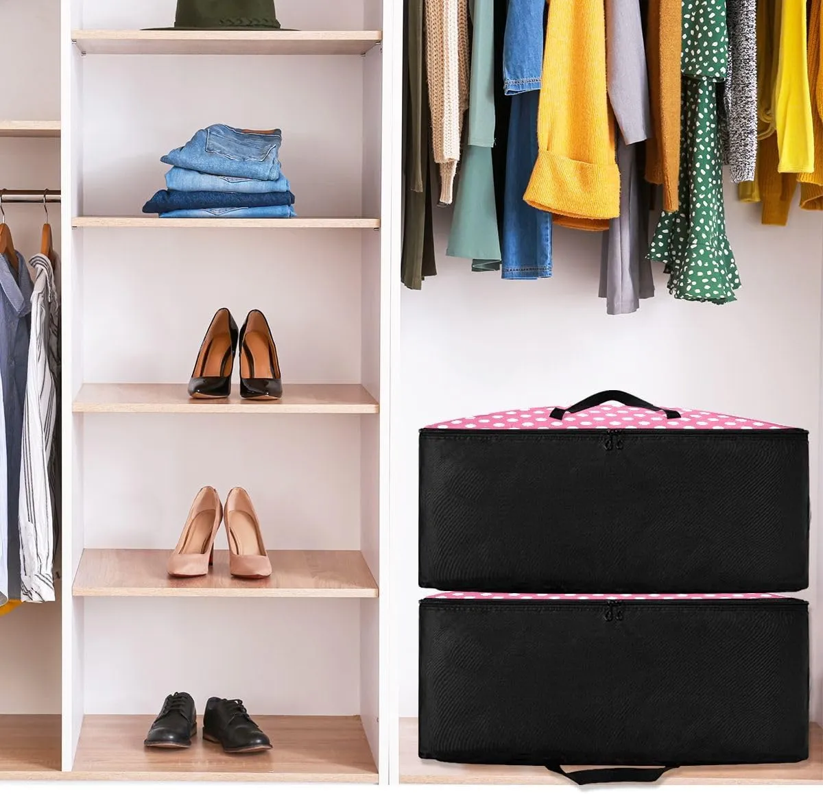 Polka Dots Pink Storage Bags, 27.5x19.7x11 In, Collapsible Moving Bags Zippered Storage Bags for Moving Essential