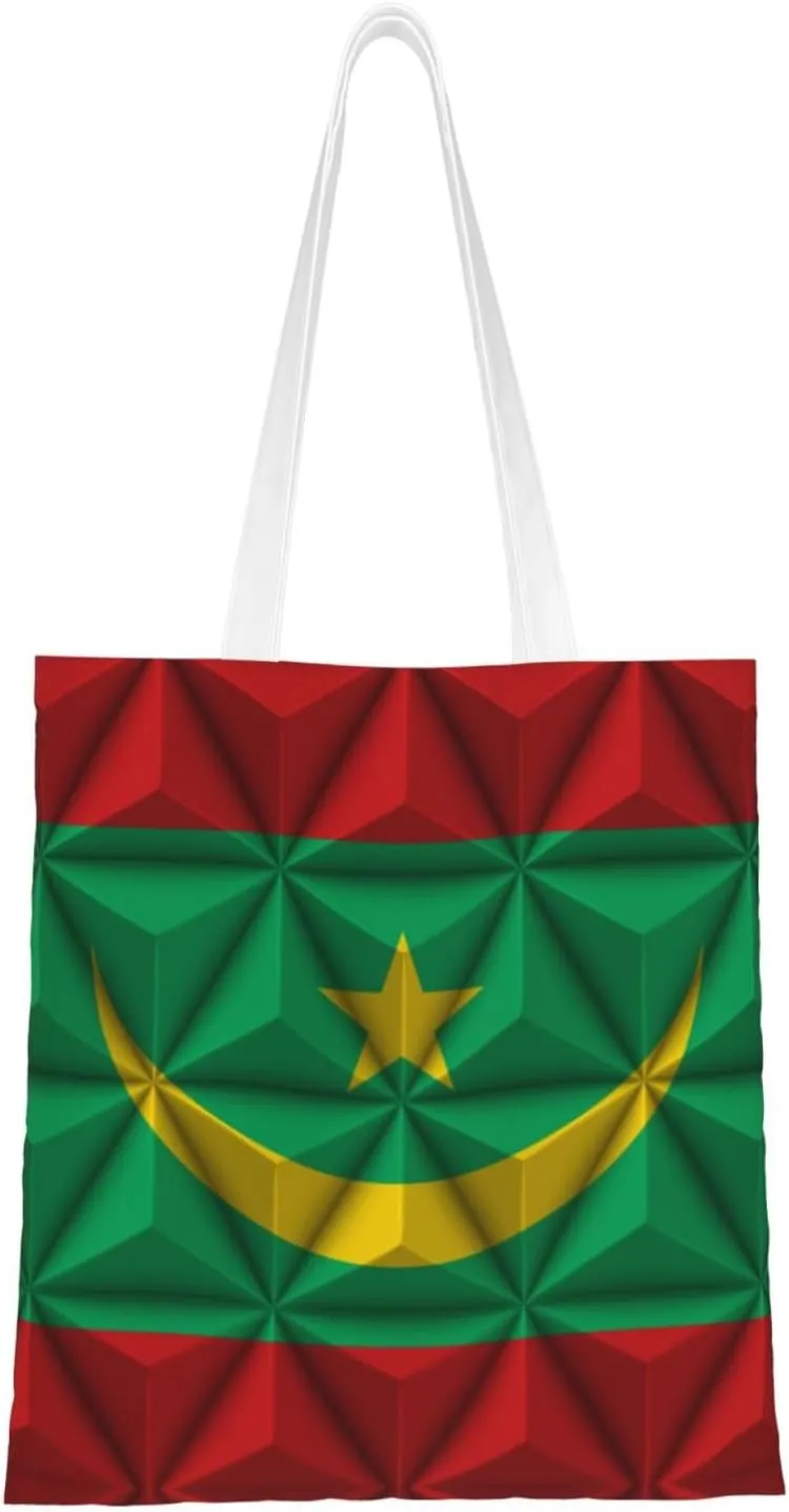 Polygon Effect of the Mauritanian Flag Tote Bag for Women Canvas Shopping Bags Reusable Large Capacity Casual Shoulder Handbags Grocery Bags