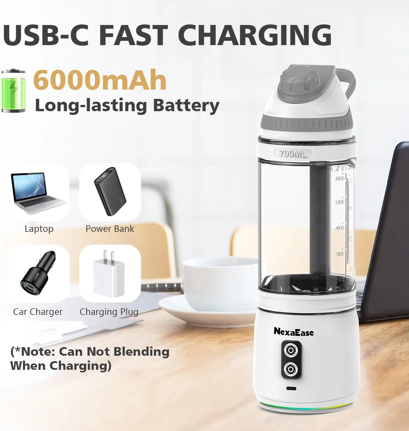 Portable Personal Blender for Smoothies, Protein Shakes, Frozen Drinks - 24Oz Blender Cup Bottle with Sip Spout, Travel Lid, USB-C Rechargeable, Cordless - Mini Small Blenders for Kitchen, Gym, Office
