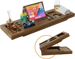Premium Foldable Bathtub Tray, Luxury Bath Tray with Expandable Handles, Solid Acacia Wood Bath Tray for Tub, Bathtub Tray Caddy with Wine Glass and Phone Holders, Book Stand, Bathtub Accessories