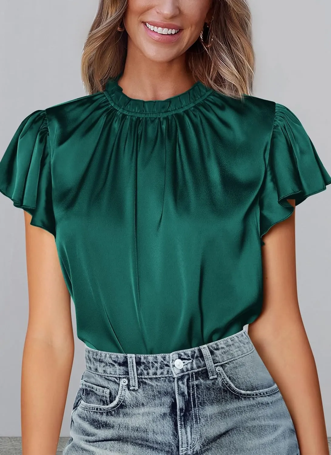 PRETTYGARDEN Business Casual Tops for Women Blouses Dressy 2025 Summer Short Sleeve Ruffle Satin Work Office Attire