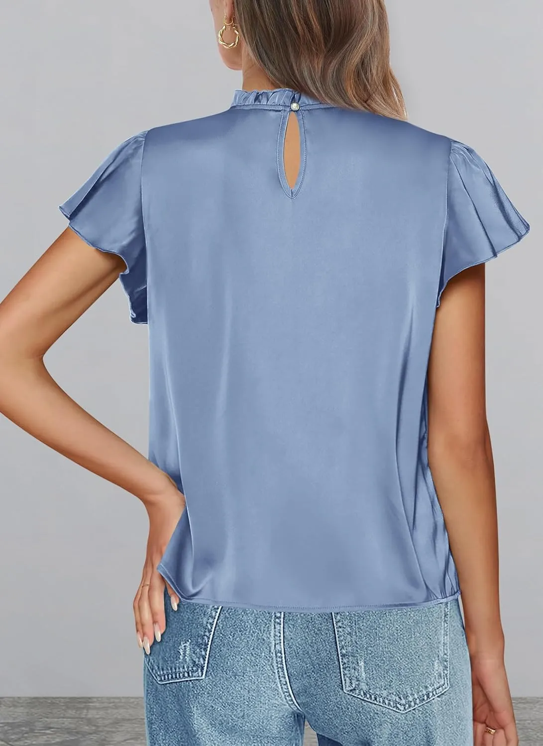 PRETTYGARDEN Business Casual Tops for Women Blouses Dressy 2025 Summer Short Sleeve Ruffle Satin Work Office Attire