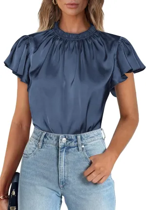PRETTYGARDEN Business Casual Tops for Women Blouses Dressy 2025 Summer Short Sleeve Ruffle Satin Work Office Attire