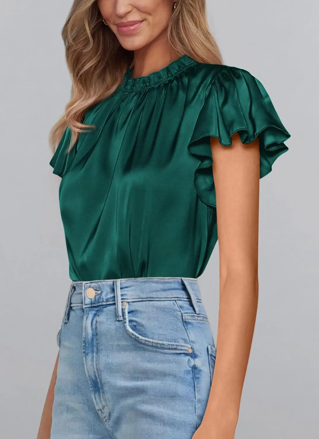 PRETTYGARDEN Business Casual Tops for Women Blouses Dressy 2025 Summer Short Sleeve Ruffle Satin Work Office Attire