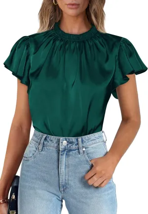 PRETTYGARDEN Business Casual Tops for Women Blouses Dressy 2025 Summer Short Sleeve Ruffle Satin Work Office Attire