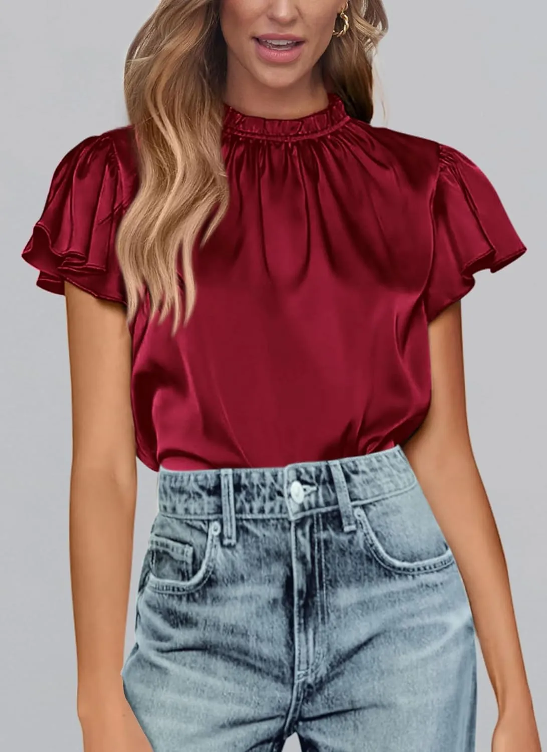 PRETTYGARDEN Business Casual Tops for Women Blouses Dressy 2025 Summer Short Sleeve Ruffle Satin Work Office Attire
