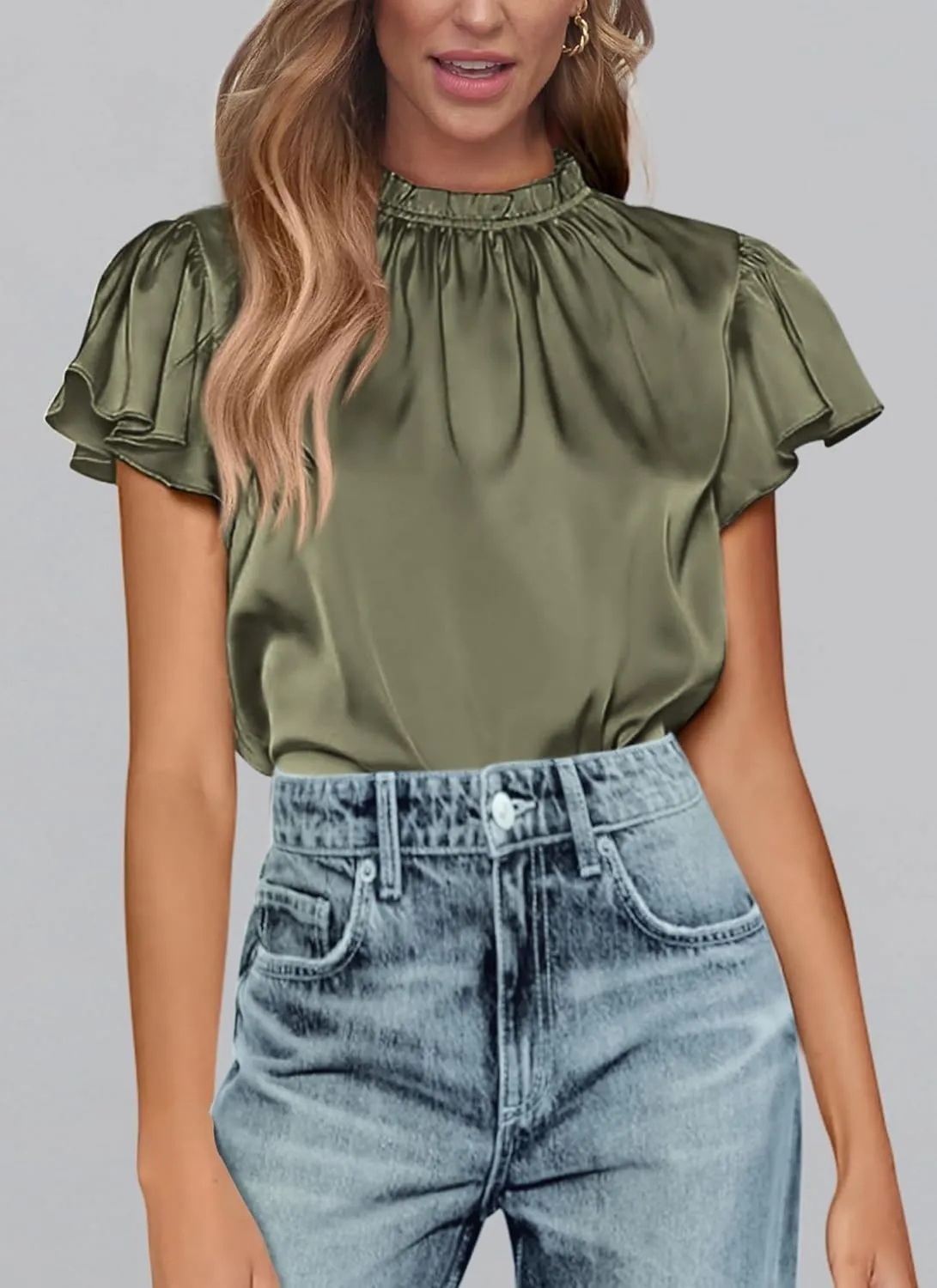 PRETTYGARDEN Business Casual Tops for Women Blouses Dressy 2025 Summer Short Sleeve Ruffle Satin Work Office Attire