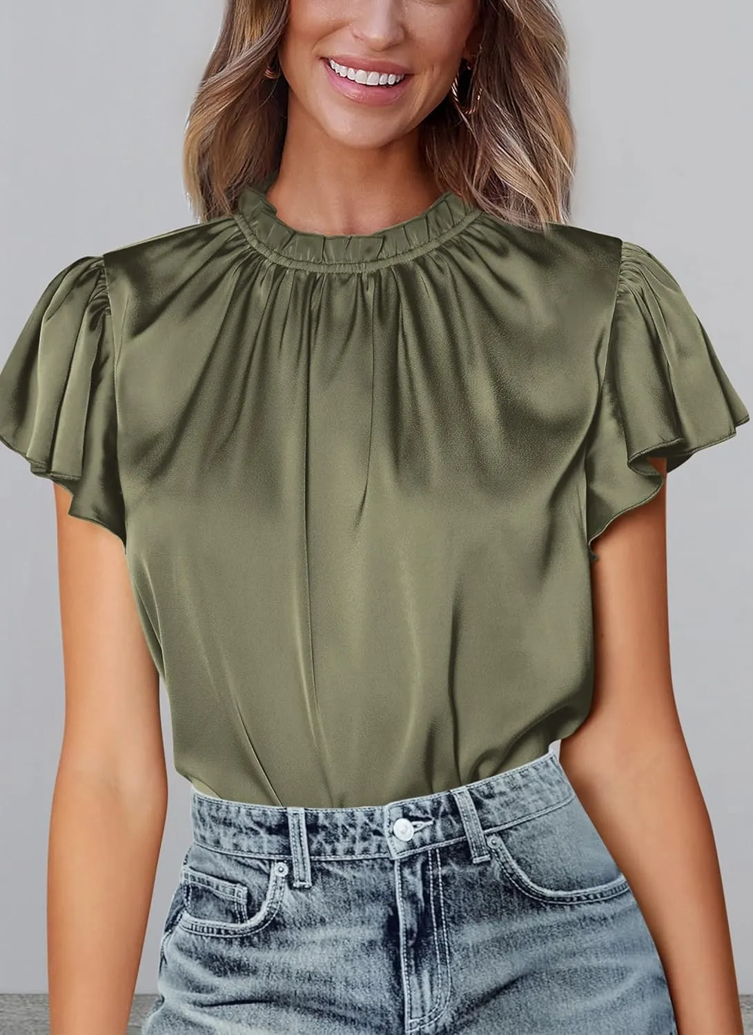 PRETTYGARDEN Business Casual Tops for Women Blouses Dressy 2025 Summer Short Sleeve Ruffle Satin Work Office Attire