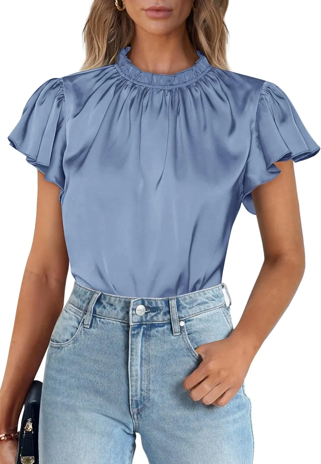 PRETTYGARDEN Business Casual Tops for Women Blouses Dressy 2025 Summer Short Sleeve Ruffle Satin Work Office Attire