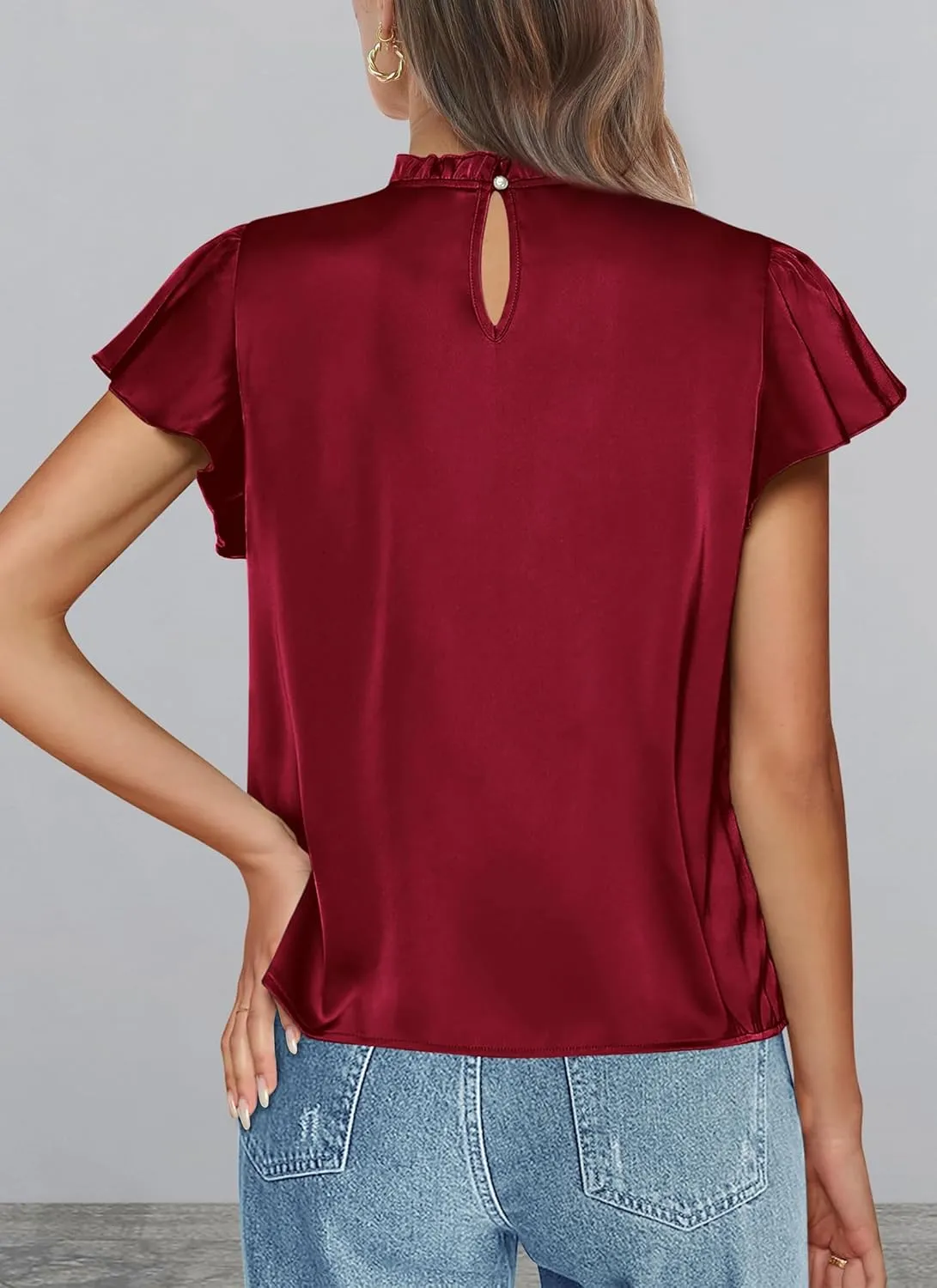 PRETTYGARDEN Business Casual Tops for Women Blouses Dressy 2025 Summer Short Sleeve Ruffle Satin Work Office Attire