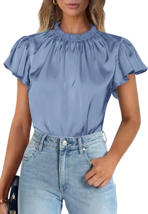 PRETTYGARDEN Business Casual Tops for Women Blouses Dressy 2025 Summer Short Sleeve Ruffle Satin Work Office Attire