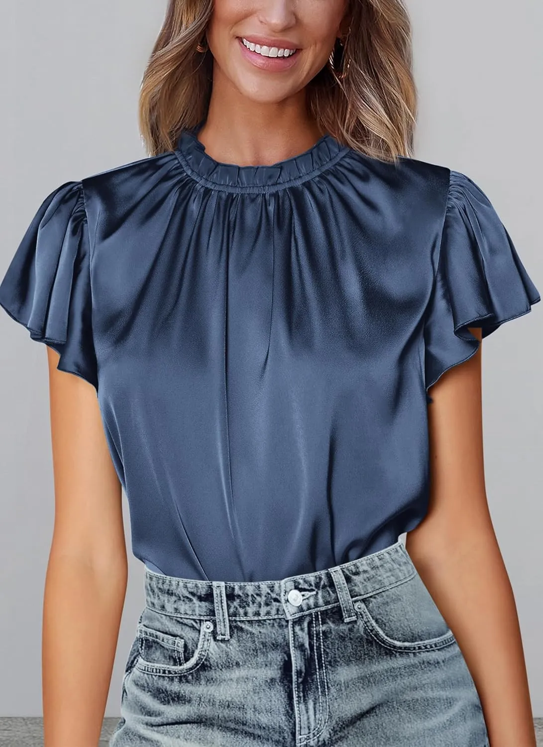 PRETTYGARDEN Business Casual Tops for Women Blouses Dressy 2025 Summer Short Sleeve Ruffle Satin Work Office Attire