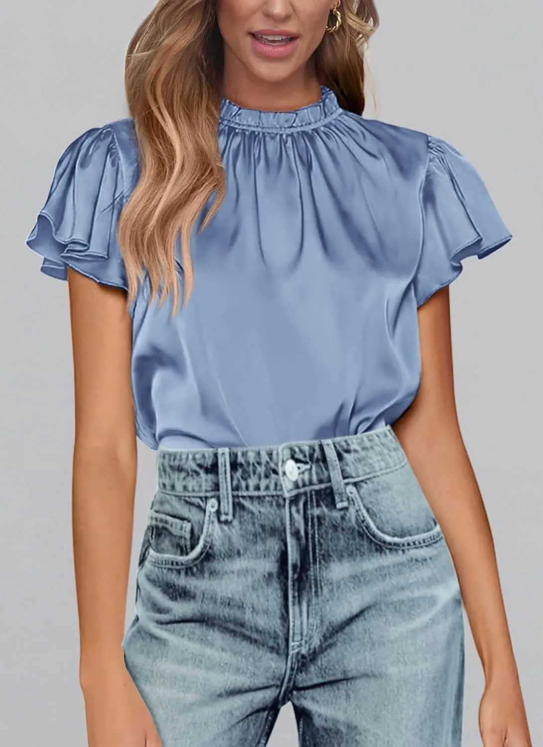 PRETTYGARDEN Business Casual Tops for Women Blouses Dressy 2025 Summer Short Sleeve Ruffle Satin Work Office Attire
