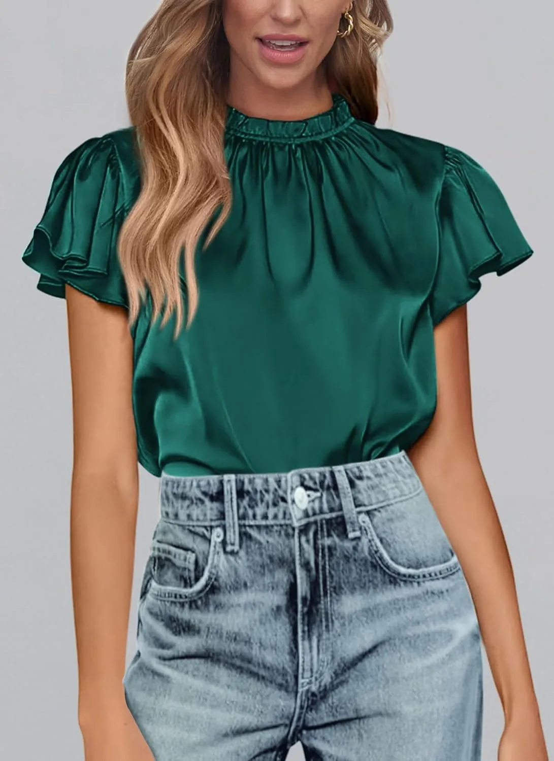 PRETTYGARDEN Business Casual Tops for Women Blouses Dressy 2025 Summer Short Sleeve Ruffle Satin Work Office Attire