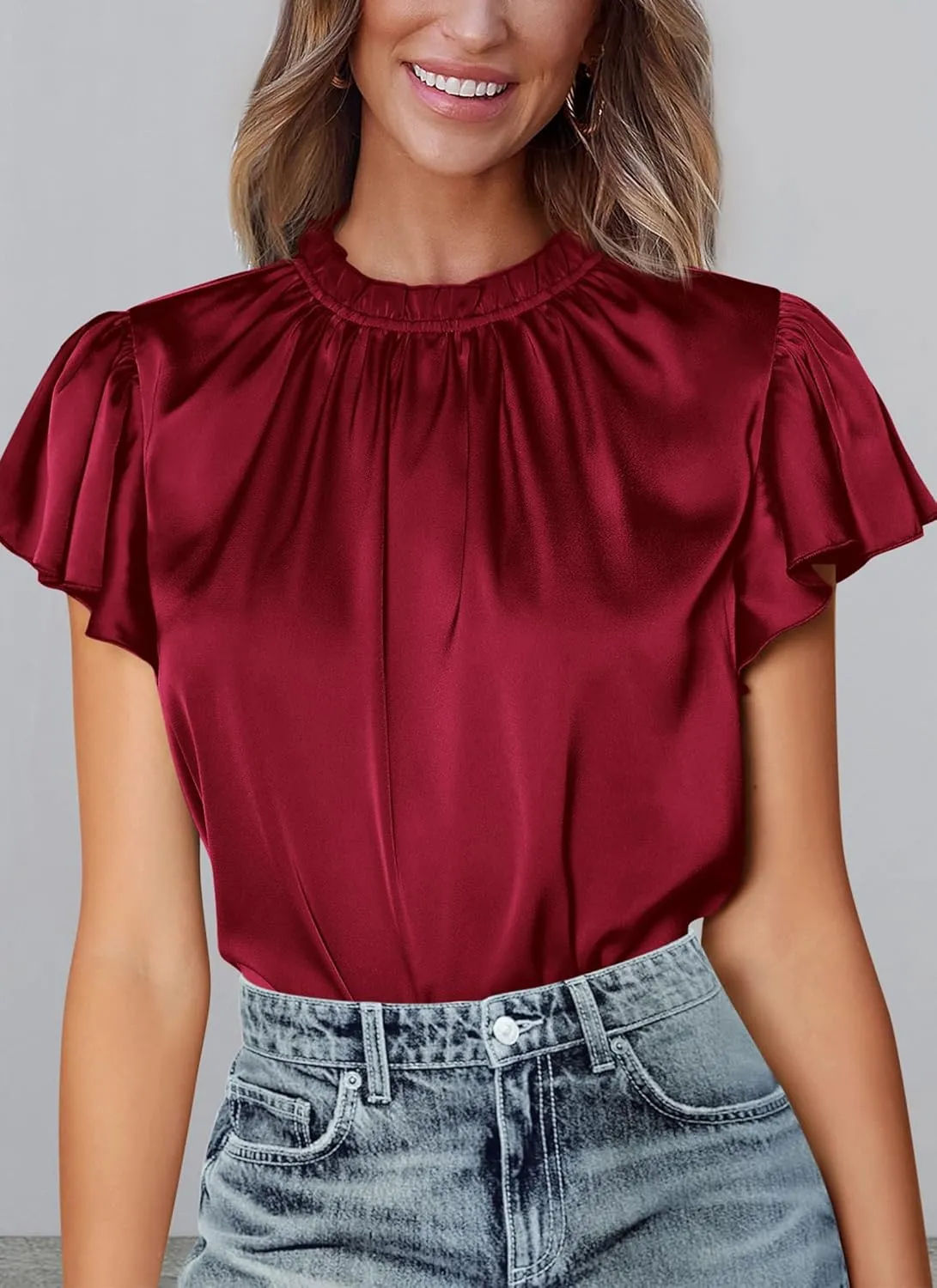 PRETTYGARDEN Business Casual Tops for Women Blouses Dressy 2025 Summer Short Sleeve Ruffle Satin Work Office Attire