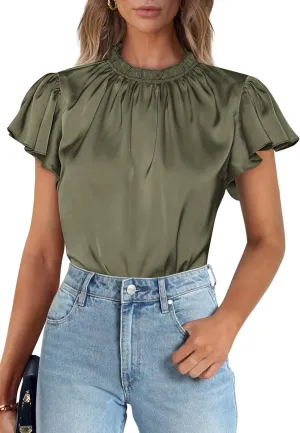 PRETTYGARDEN Business Casual Tops for Women Blouses Dressy 2025 Summer Short Sleeve Ruffle Satin Work Office Attire