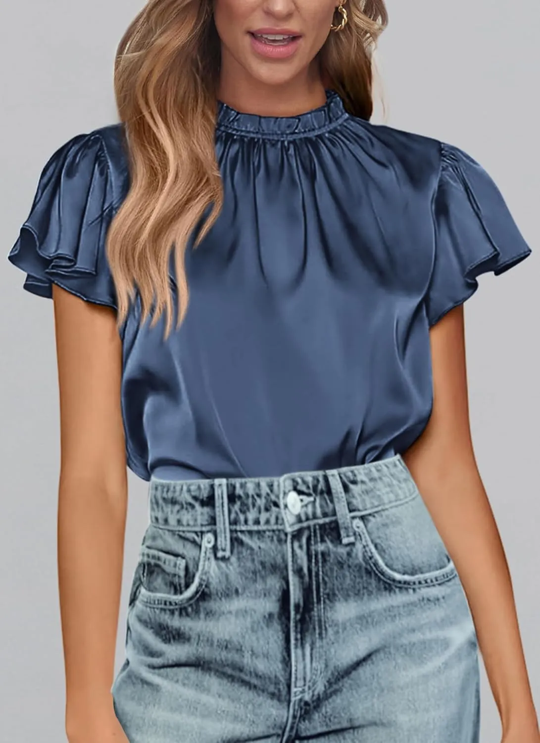 PRETTYGARDEN Business Casual Tops for Women Blouses Dressy 2025 Summer Short Sleeve Ruffle Satin Work Office Attire