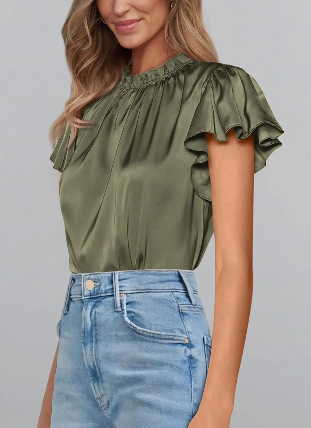 PRETTYGARDEN Business Casual Tops for Women Blouses Dressy 2025 Summer Short Sleeve Ruffle Satin Work Office Attire