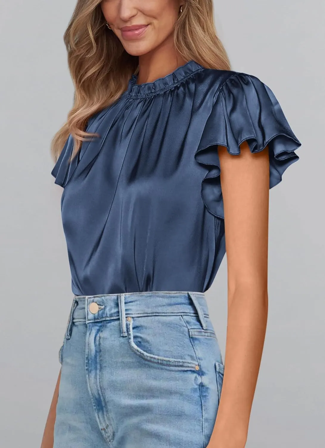 PRETTYGARDEN Business Casual Tops for Women Blouses Dressy 2025 Summer Short Sleeve Ruffle Satin Work Office Attire