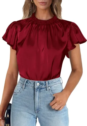 PRETTYGARDEN Business Casual Tops for Women Blouses Dressy 2025 Summer Short Sleeve Ruffle Satin Work Office Attire