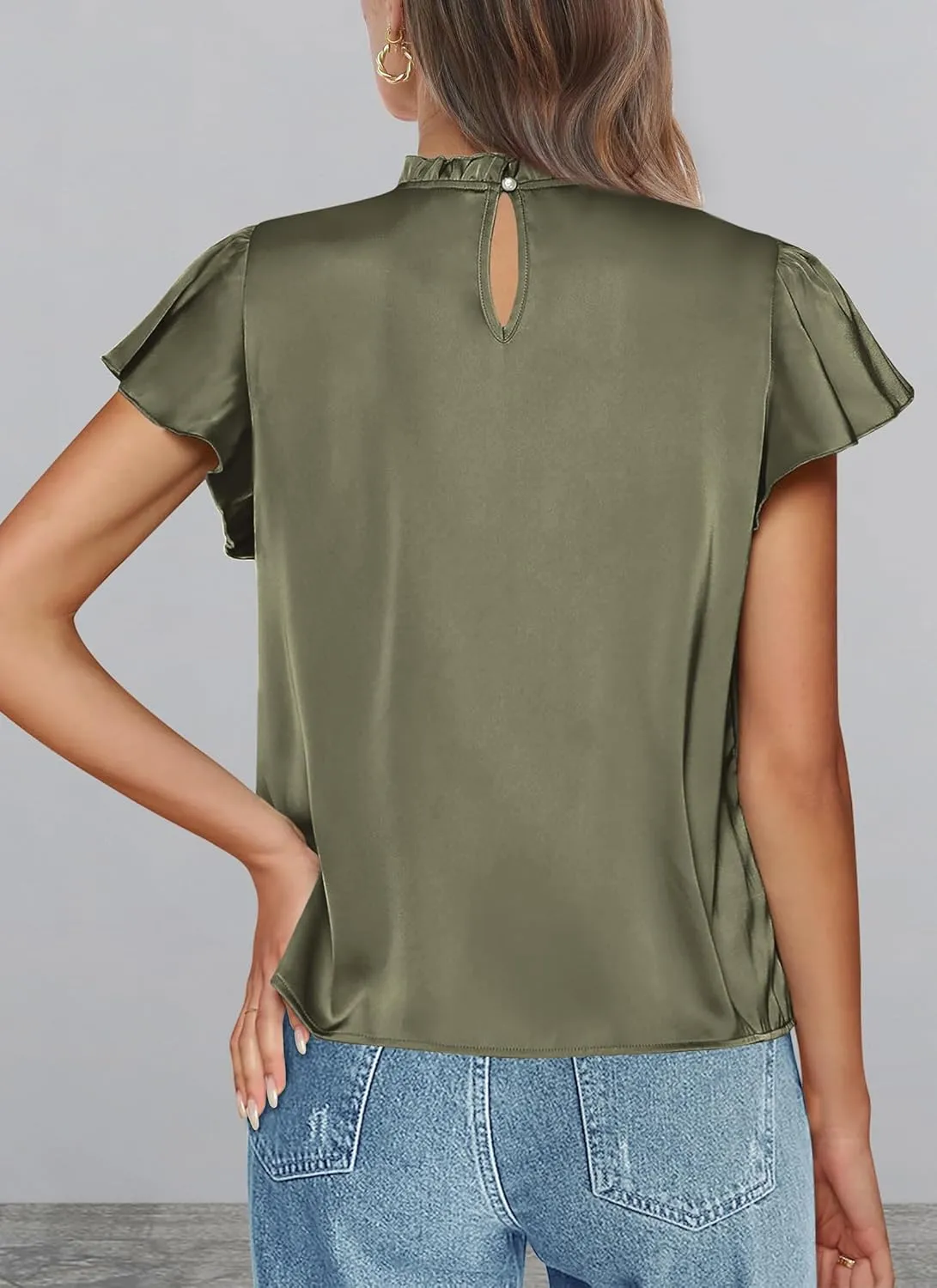 PRETTYGARDEN Business Casual Tops for Women Blouses Dressy 2025 Summer Short Sleeve Ruffle Satin Work Office Attire