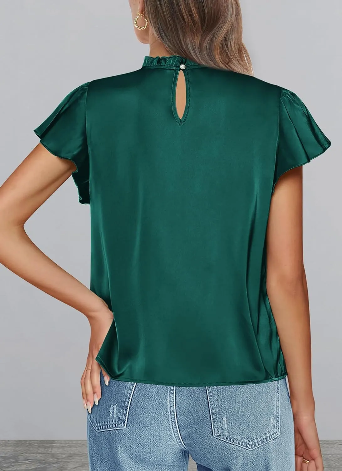 PRETTYGARDEN Business Casual Tops for Women Blouses Dressy 2025 Summer Short Sleeve Ruffle Satin Work Office Attire
