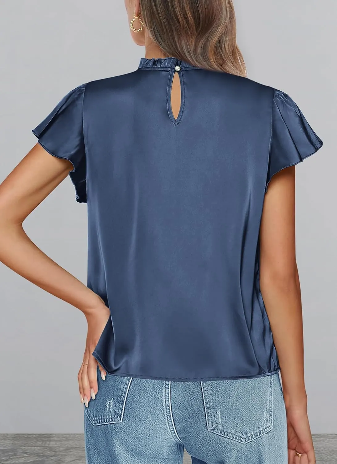 PRETTYGARDEN Business Casual Tops for Women Blouses Dressy 2025 Summer Short Sleeve Ruffle Satin Work Office Attire