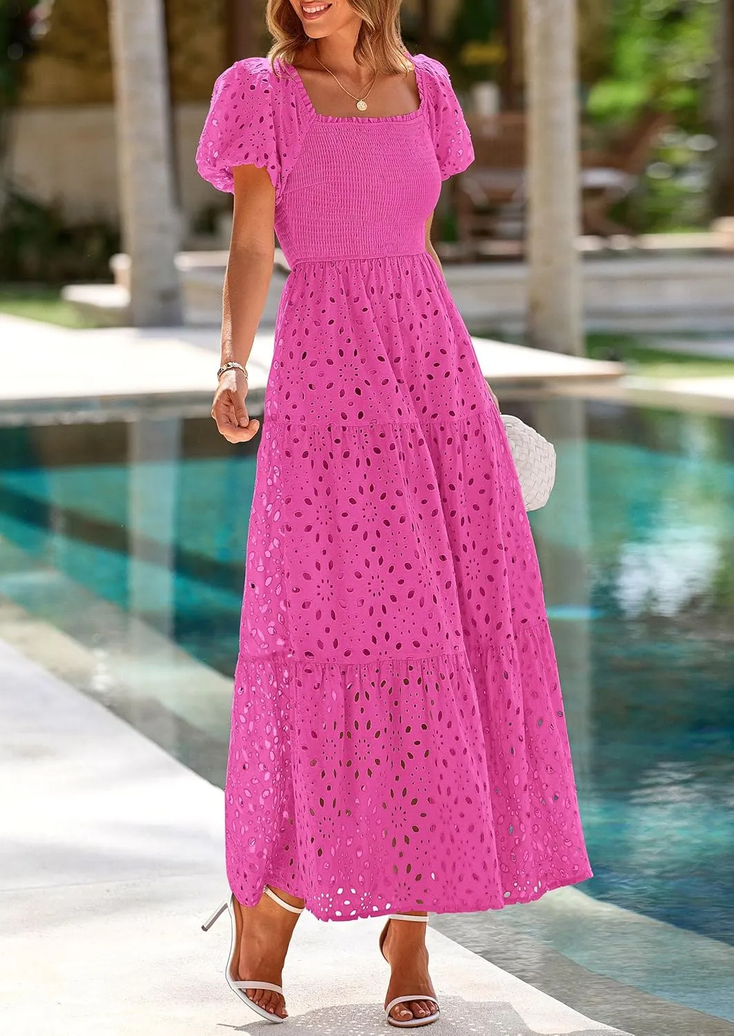 PRETTYGARDEN Summer Dresses for Women 2025 Eyelet Square Neck Puff Sleeve Smocked Wedding Guest Maxi Dress with Pockets