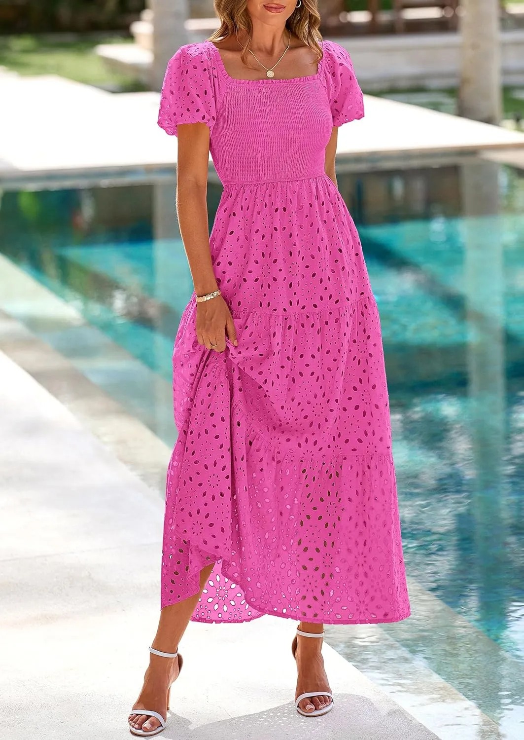 PRETTYGARDEN Summer Dresses for Women 2025 Eyelet Square Neck Puff Sleeve Smocked Wedding Guest Maxi Dress with Pockets