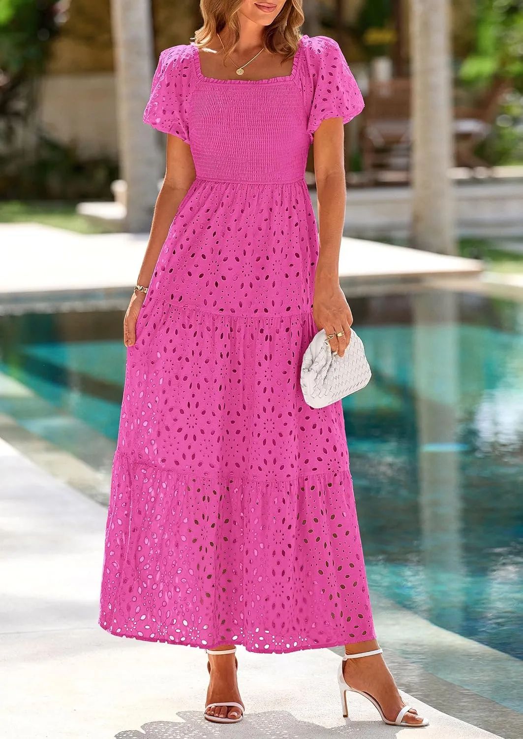 PRETTYGARDEN Summer Dresses for Women 2025 Eyelet Square Neck Puff Sleeve Smocked Wedding Guest Maxi Dress with Pockets