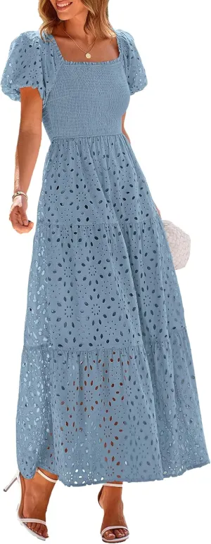PRETTYGARDEN Summer Dresses for Women 2025 Eyelet Square Neck Puff Sleeve Smocked Wedding Guest Maxi Dress with Pockets
