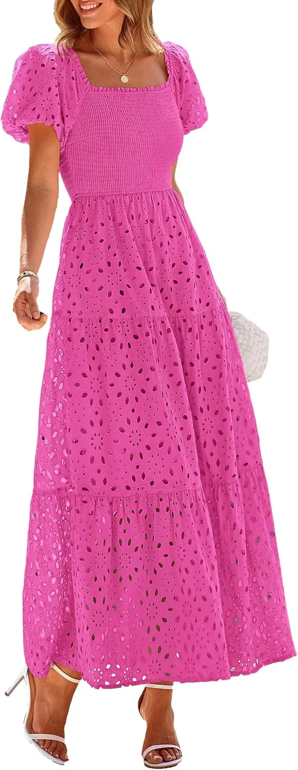 PRETTYGARDEN Summer Dresses for Women 2025 Eyelet Square Neck Puff Sleeve Smocked Wedding Guest Maxi Dress with Pockets