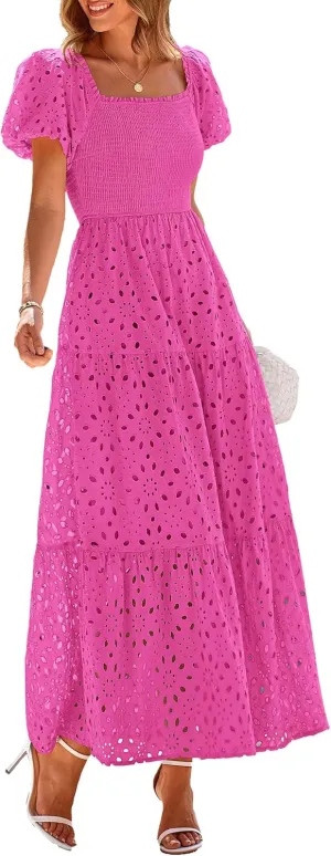 PRETTYGARDEN Summer Dresses for Women 2025 Eyelet Square Neck Puff Sleeve Smocked Wedding Guest Maxi Dress with Pockets