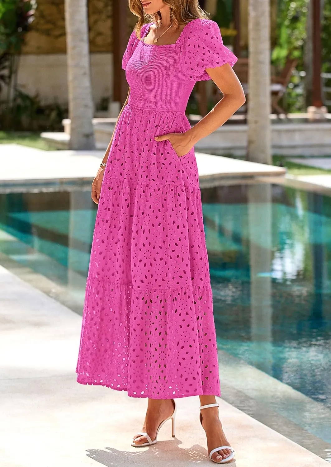 PRETTYGARDEN Summer Dresses for Women 2025 Eyelet Square Neck Puff Sleeve Smocked Wedding Guest Maxi Dress with Pockets