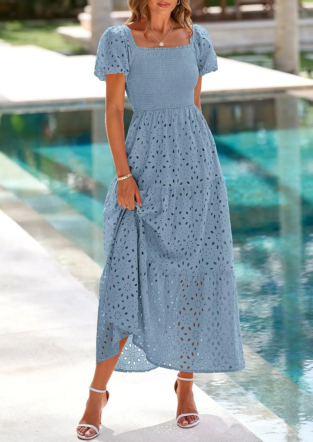 PRETTYGARDEN Summer Dresses for Women 2025 Eyelet Square Neck Puff Sleeve Smocked Wedding Guest Maxi Dress with Pockets