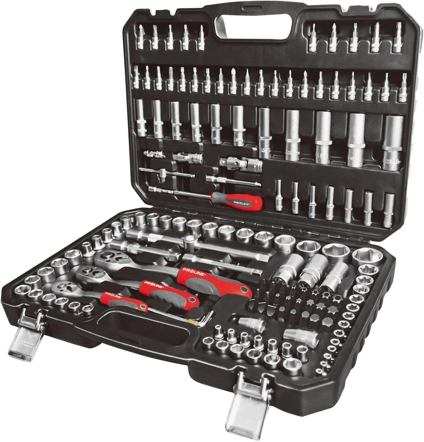 Proline Socket Spanner and Bit Set 150 Pieces | Socket Spanner Set Complete Box with 6.3 mm (1/4 Inch) 9.5 mm (3/8 Inch) 12.5 mm (1/2 Inch) Reversible Ratchet Nuts from 4-32 mm | CRV with Case