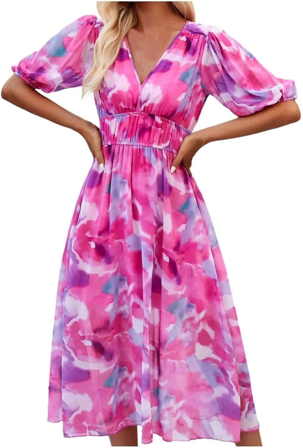 PTOLOCIF Women Summer Dresses Short Sleeves V Neck Maxi Dresses Boho Long Dresses Casual Easter Dress Resort Wear