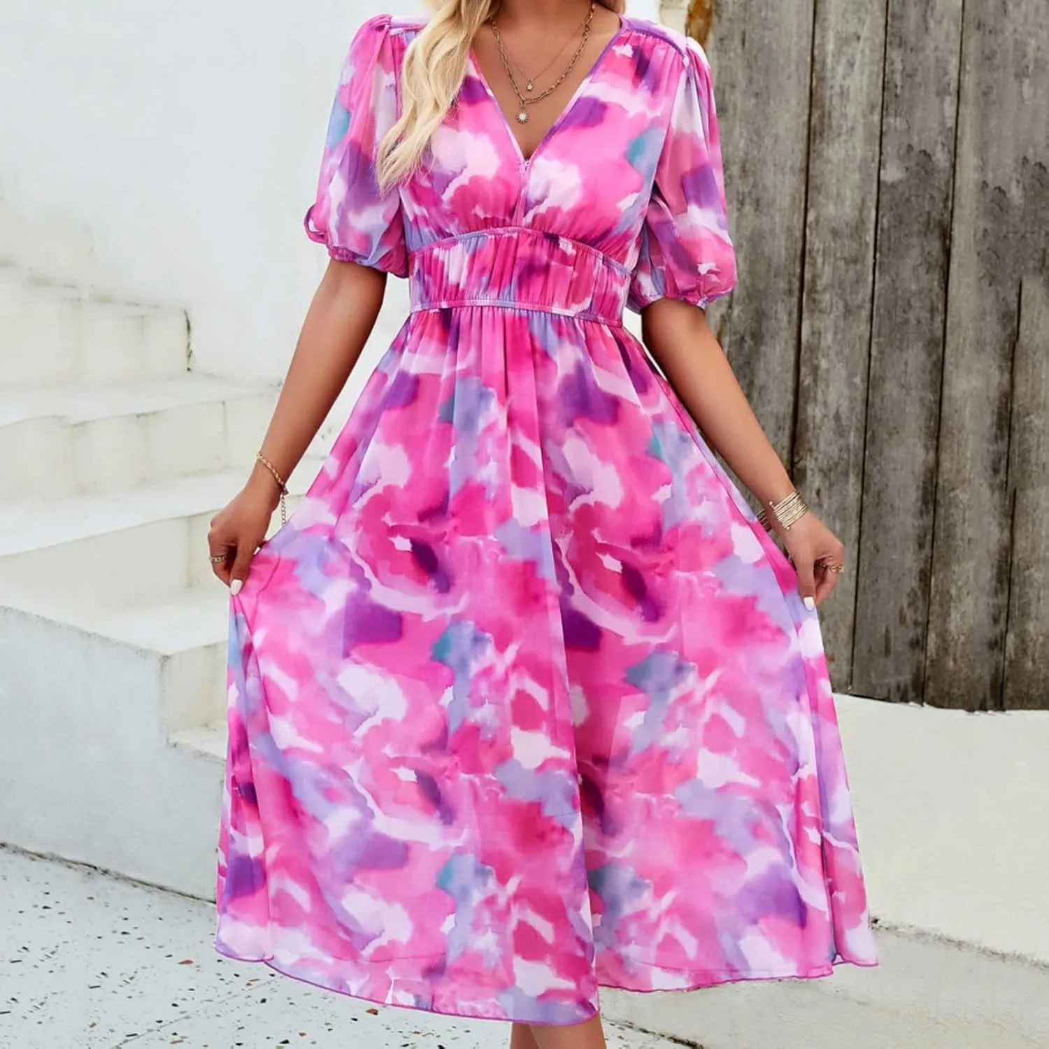 PTOLOCIF Women Summer Dresses Short Sleeves V Neck Maxi Dresses Boho Long Dresses Casual Easter Dress Resort Wear