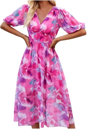 PTOLOCIF Women Summer Dresses Short Sleeves V Neck Maxi Dresses Boho Long Dresses Casual Easter Dress Resort Wear