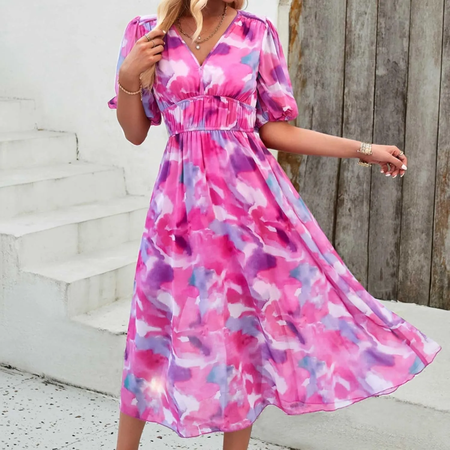 PTOLOCIF Women Summer Dresses Short Sleeves V Neck Maxi Dresses Boho Long Dresses Casual Easter Dress Resort Wear