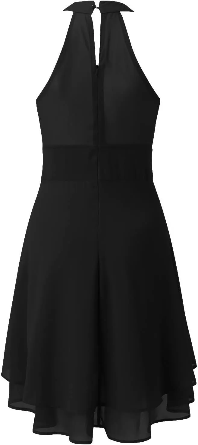 PTOLOCIF Womens Summer Casual Solid Halter Neck Button Chiffon Splice A Line House Dresses for Women with Pockets