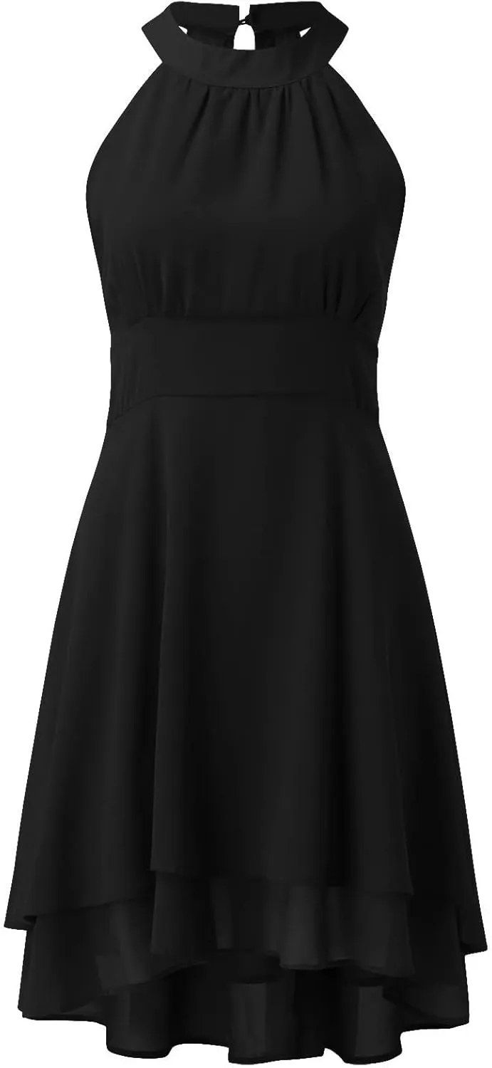 PTOLOCIF Womens Summer Casual Solid Halter Neck Button Chiffon Splice A Line House Dresses for Women with Pockets