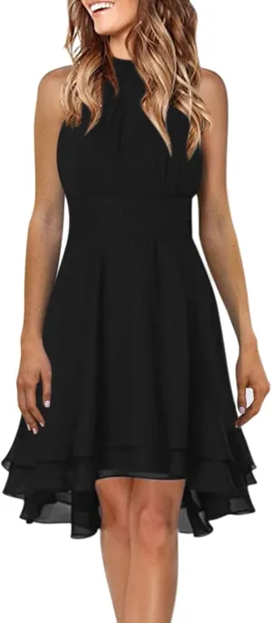 PTOLOCIF Womens Summer Casual Solid Halter Neck Button Chiffon Splice A Line House Dresses for Women with Pockets