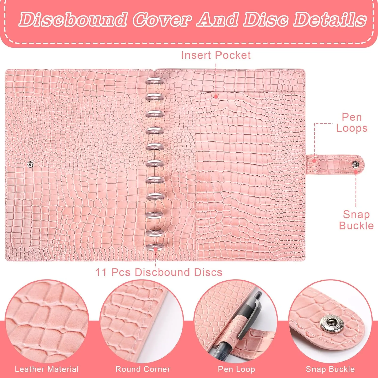 PU Leather 8.5*11in Discbound Cover And Disc Set with 11 Pcs Discbound Discs 1in Disc Bound Notebook Accessories Discbound Planner Cover Notebook Planner System For office(Not including book) (Pink)