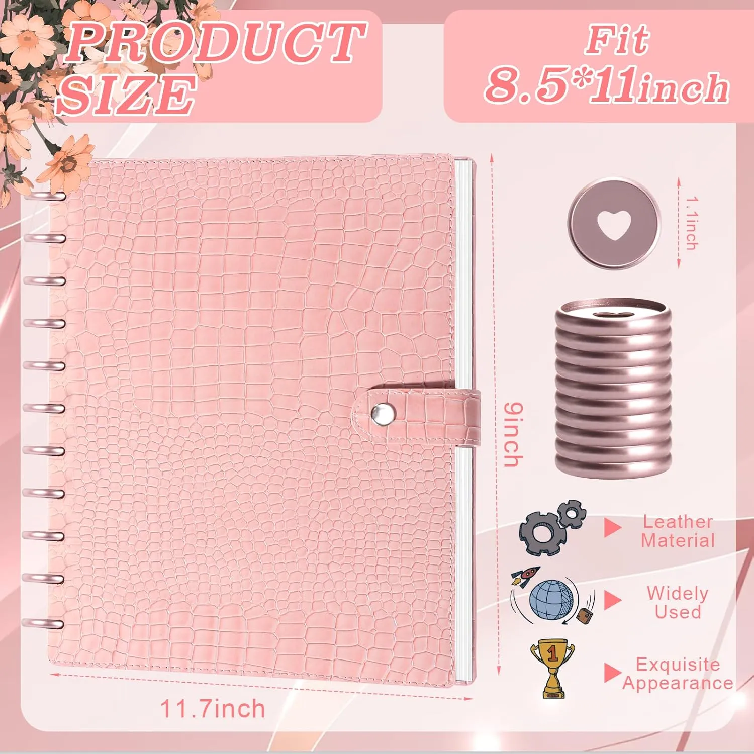 PU Leather 8.5*11in Discbound Cover And Disc Set with 11 Pcs Discbound Discs 1in Disc Bound Notebook Accessories Discbound Planner Cover Notebook Planner System For office(Not including book) (Pink)