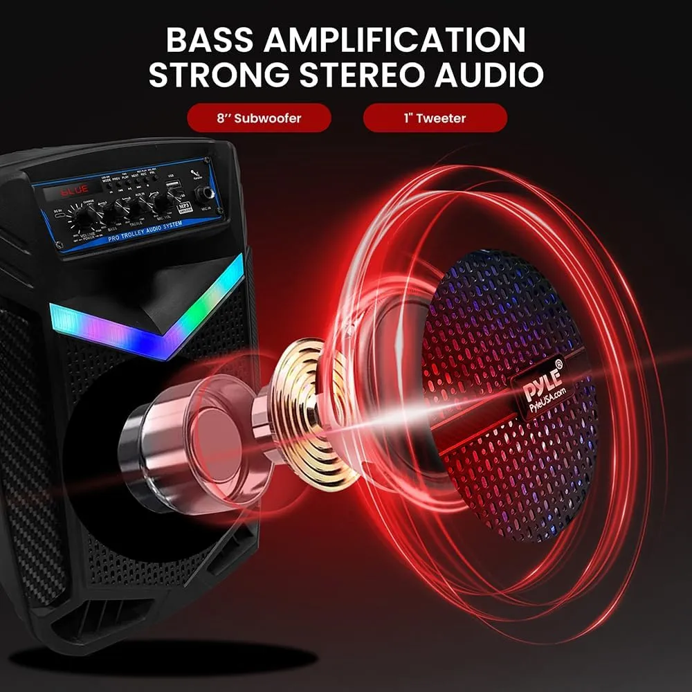 Pyle 400W Rechargeable Outdoor Bluetooth Speaker Portable PA System w/ 8” Subwoofer 1” Tweeter, Recording Function, Mic In, Party Lights USB/SD, Radio - Pyle PPHP842B, BLACK