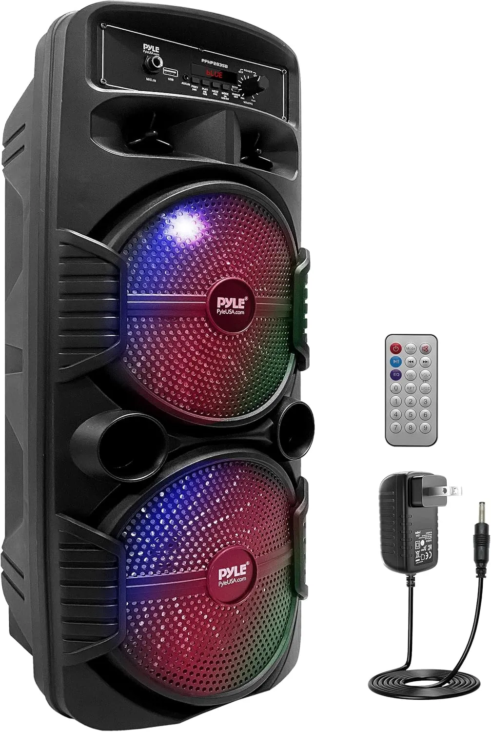 Pyle Portable Bluetooth PA Speaker System - 600W Rechargeable Outdoor Bluetooth Speaker Portable PA System w/ Dual 8” Subwoofer 1” Tweeter, Microphone In, Party Lights, USB, Radio, Remote - PPHP2835B