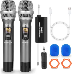 Pyle UHF Wireless Microphone System Kit - Dual Professional Battery Operated Handheld Dynamic Unidirectional Cordless Microphone Transmitter Set w/Adapter Receiver - PA Karaoke DJ Party PDWMU214,Black