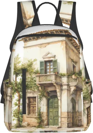 QIN&ZHENG Antique Building with Roman Olive Branch and Greek Print Personalized Backpack Stylish Funny Casual Daypack for Travel Work Gym Bag for Men Women